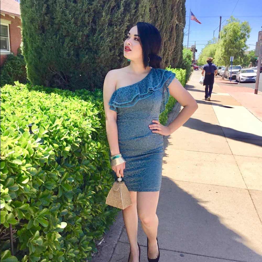 One Shoulder Dress Green-Last One - Picture 5 of 6